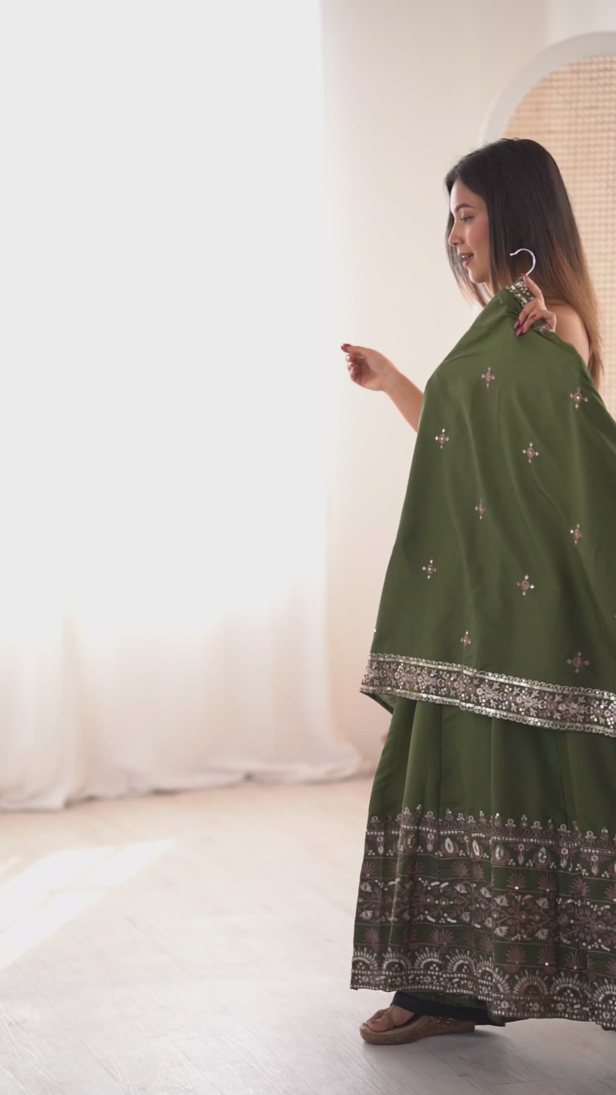 Dark Green Roman Silk Anarkali Gown Set