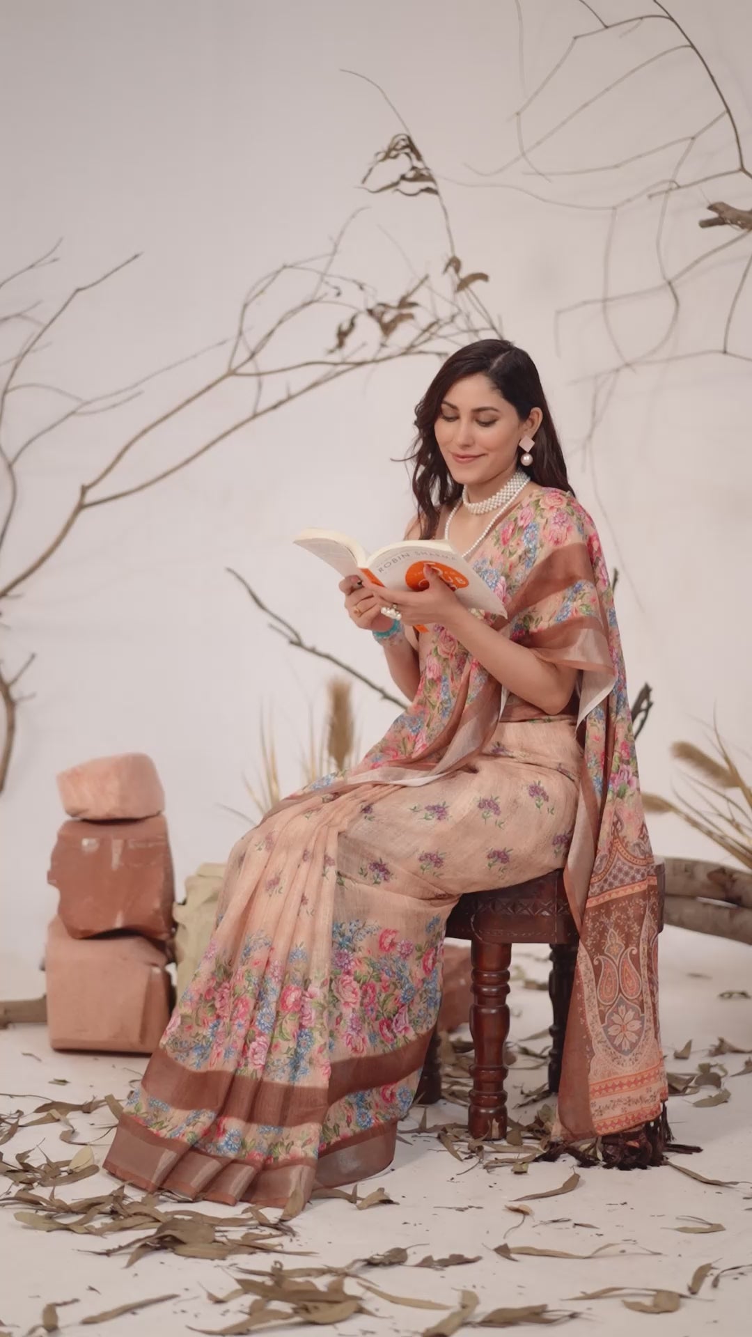 Beige Floral Linen Cotton Saree with Printed Blouse