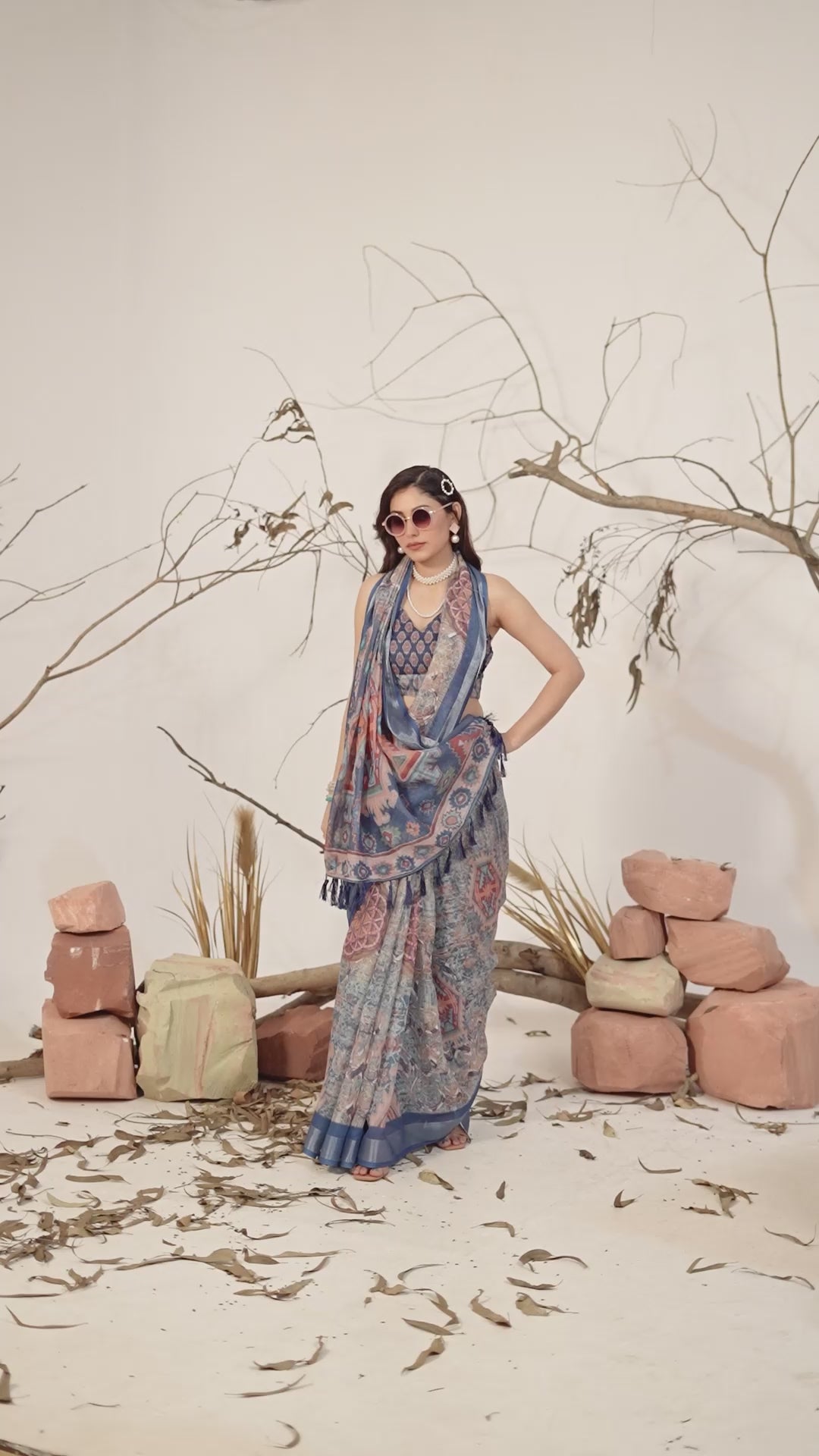 Blue Patola Printed Linen Cotton Saree with Blouse
