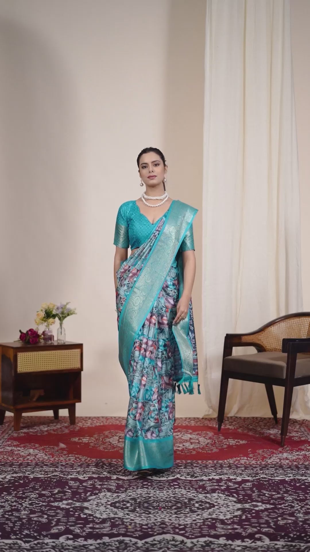 Sea Green Lichi Silk Saree with Zari Border Abstract Floral Print